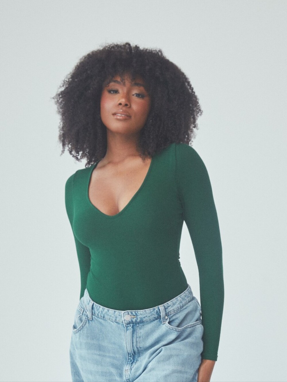 Klassy Network | Deep Emerald V-Neck Long Sleeve Bodysuit / Bramisuit